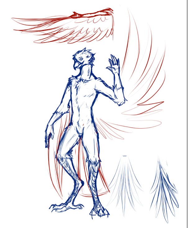 Sketch of an anthro phoenix posing and waving at the viewer. The same pose can be seen in the finished refsheet“