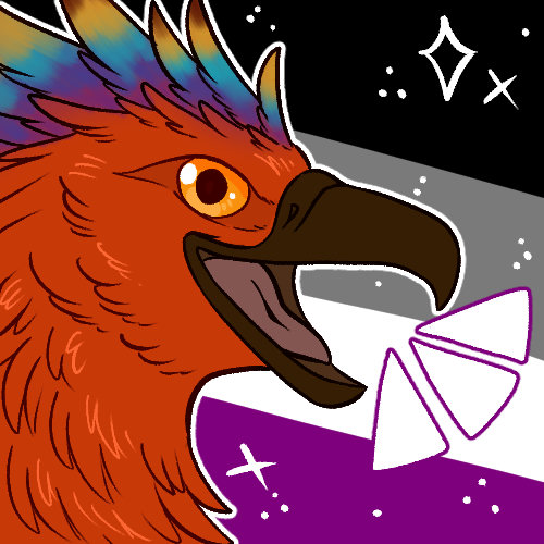 Digital drawing. Portrait of a feral phoenix squawking in front of the asexual pride flag