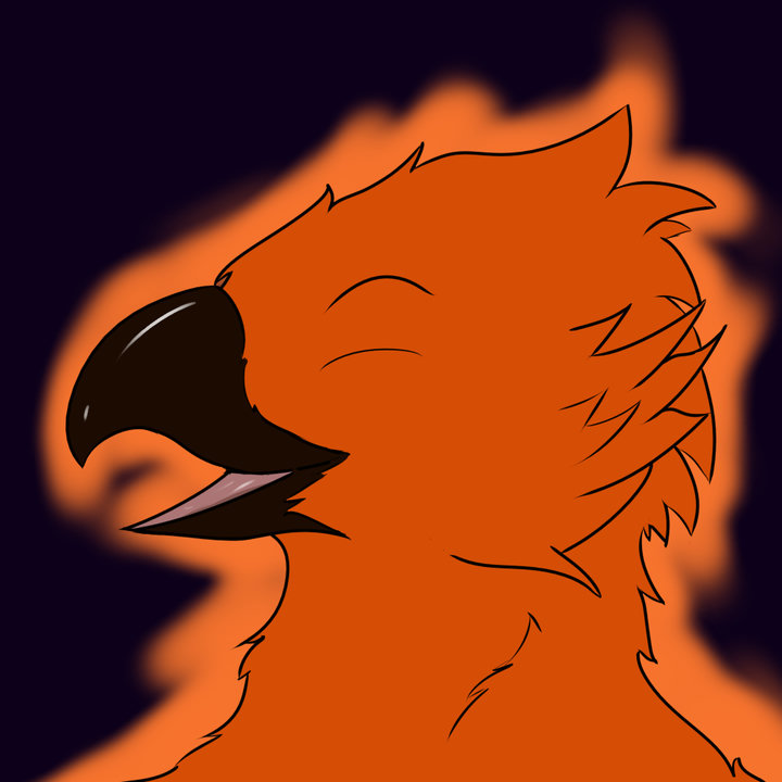 Digital drawing. Portrait of an anthro phoenix against a dark background, eyes closed and looking happy.