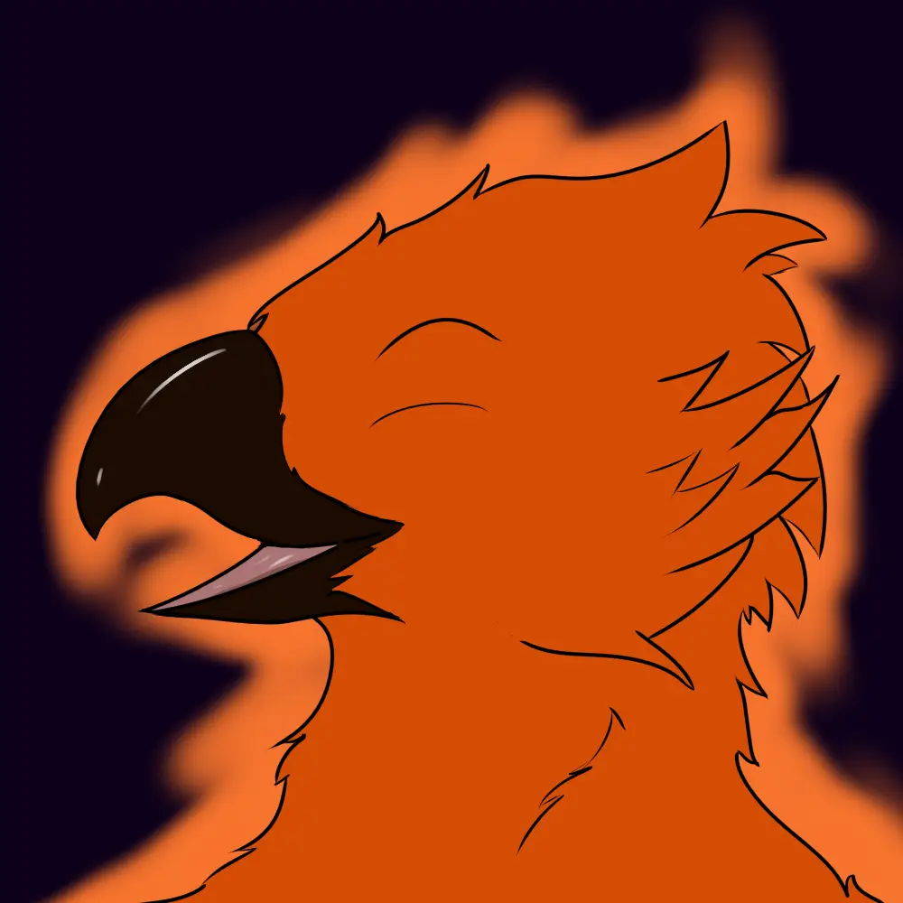 Digital drawing. Portrait of an anthro phoenix against a dark background, eyes closed and looking happy.