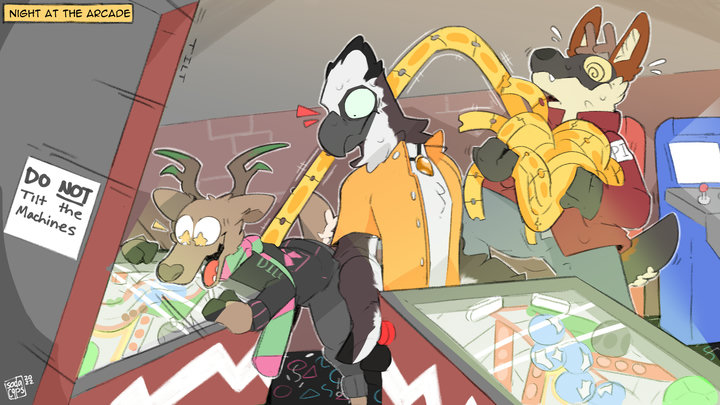Digital drawing, comic-book style panel. An anthro osprey, deer and coyote-cryptid all wearing street clothing are at an arcade playing pinball. The osprey playing a pinball table in the center, looking to their right towards the deer with a surprised expression. The deer is leaning over another pinball table and playing intensely, tilting the machine despite a warning on the machine saying 'Please do not tilt the machines.'. A massive stream of arcade tickets is shooting out of the machine and into the arms of the coyote who is struggling to hold them all.