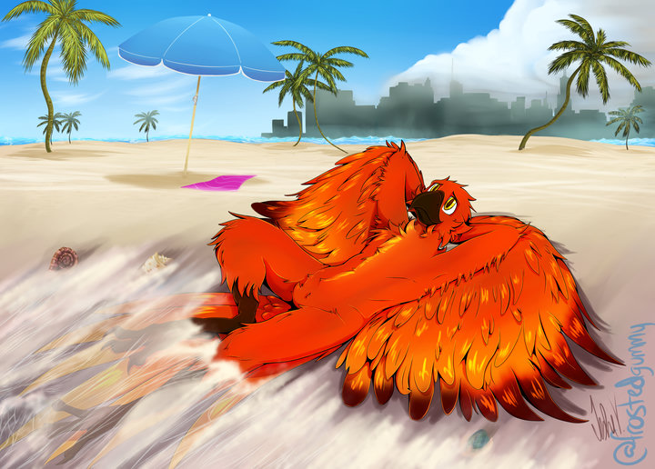 Digital drawing. An anthro phoenix is laying on his back on a sandy beach, talon-hands behind is back, looking up at the sky. His talon-legs are being swept at by the oncoming ocean waves. A beach umbrella is standing in the background.
