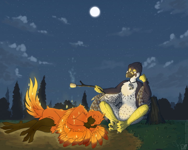 Digital drawing. An anthro phoenix is sleeping curled up and cozy in the middle of a campground, while an anthro falcon sits on a neaby log and grills a marshmallow using the phoenix' heat.