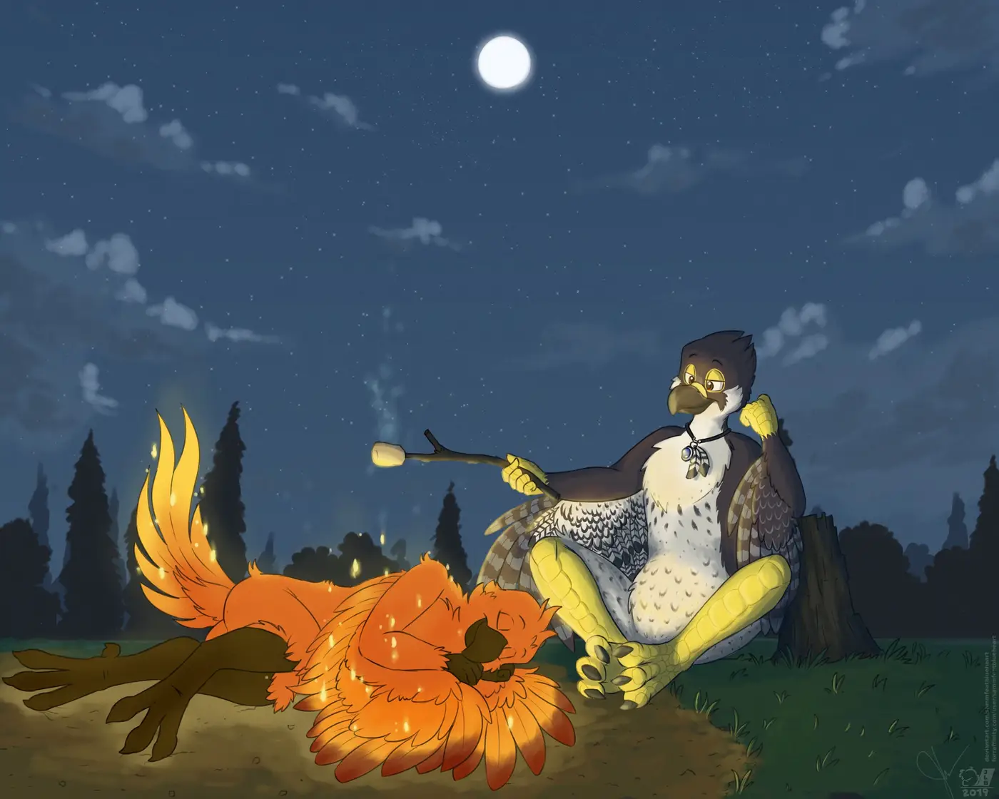 Digital drawing. An anthro phoenix is sleeping curled up and cozy in the middle of a campground, while an anthro falcon sits on a neaby log and grills a marshmallow using the phoenix' heat.