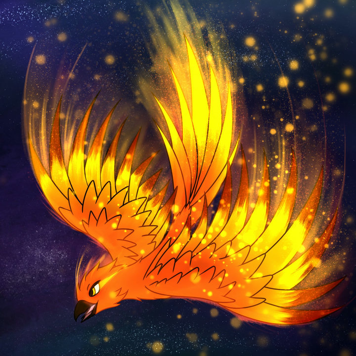 Digital drawing of a phoenix flying against a starry background