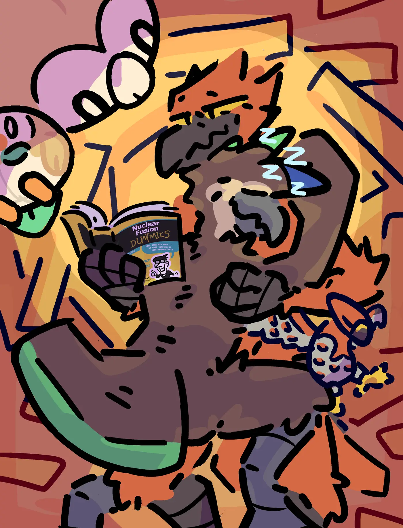 Digital drawing of an anthro phoenix and owl laying in a nest/bed, surrounded by plushies of the Pokemons Rowlet and Talonflame. The owl is sleeping on the phoenix chest, while the latter is reading a book. Cozy vibe.