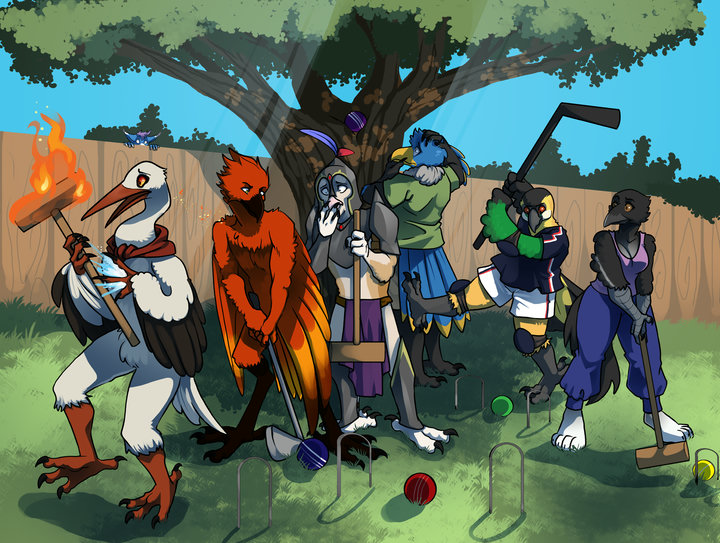 Digital drawing a chaotic croquet game played in a backyard. All characters are anthro. From left to right, a stork is trying to put out his mallet using ice magic after it was set on fire by the phoenix standing next to him. The phoenix is preparing to hit a croquet ball using a golf club and swing. Next to him, an owl holding a mallet and wearing medieval armor is looking at the stork and phoenix, concerned, while a blue eagle faces the tree in the background, wondering how he managed to shoot a croquet ball up into said tree. A songbird is about to strike the croquet balls using full hockey gear and a stick, while a corvid in a top is the only person playing the game normally, looking at everyone else in disbelief.