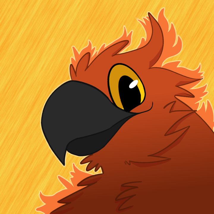 Close-up digital drawing of a cartoony phoenix, peeking at the viewer with a curious look.