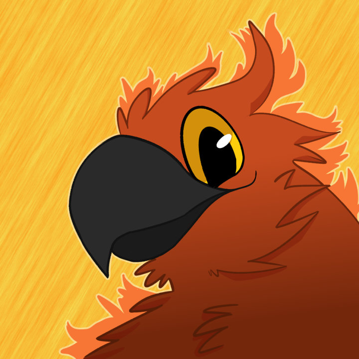 Close-up digital drawing of a cartoony phoenix, peeking at the viewer with a curious look.