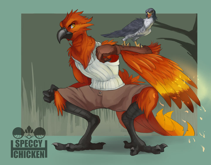 Digital drawing of an anthro phoenix kneeling in tall grass, looking at and holding a peregrine falcon on a falconry glove.