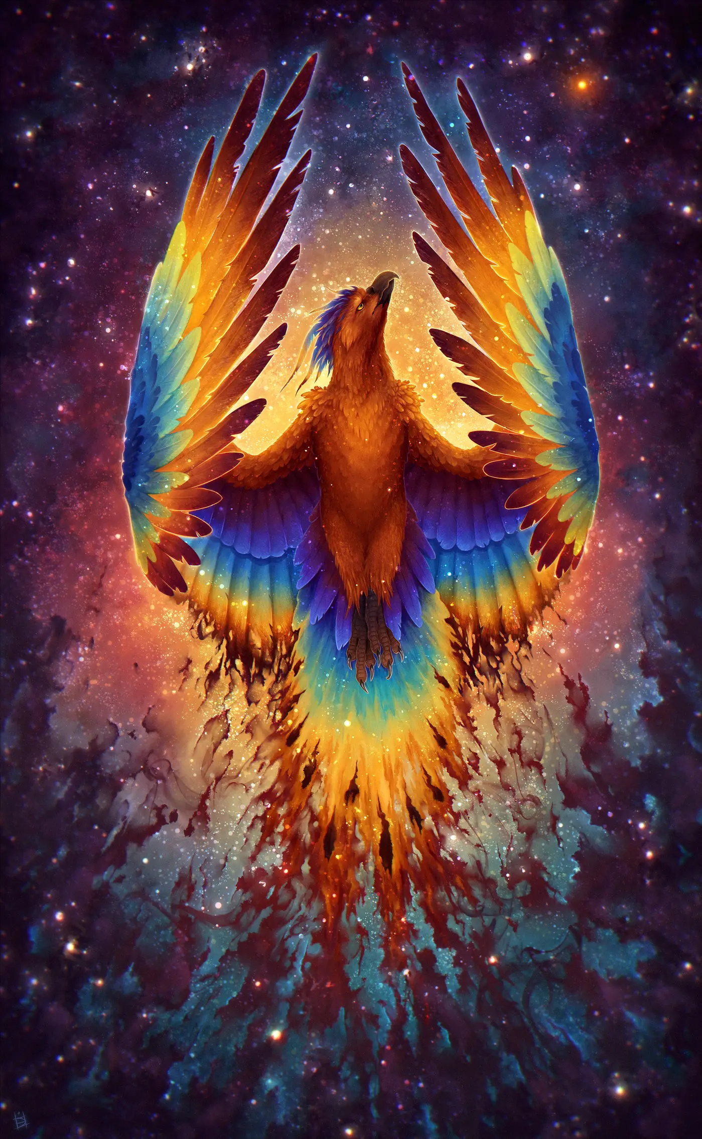 Digital painting featuring a phoenix with yellow-and-blue plumage, along with brown wingtips amidst a cosmic nebula background. The Phoenix has a radiant aura and is ascending upwards, wings mid-flap, emerging from a stellar nebula surrounding them, with their tail appearing to form from the nebula beneath. A large number of stars can be seen in the background, including one prominent orange star that the phoenix appears to be facing