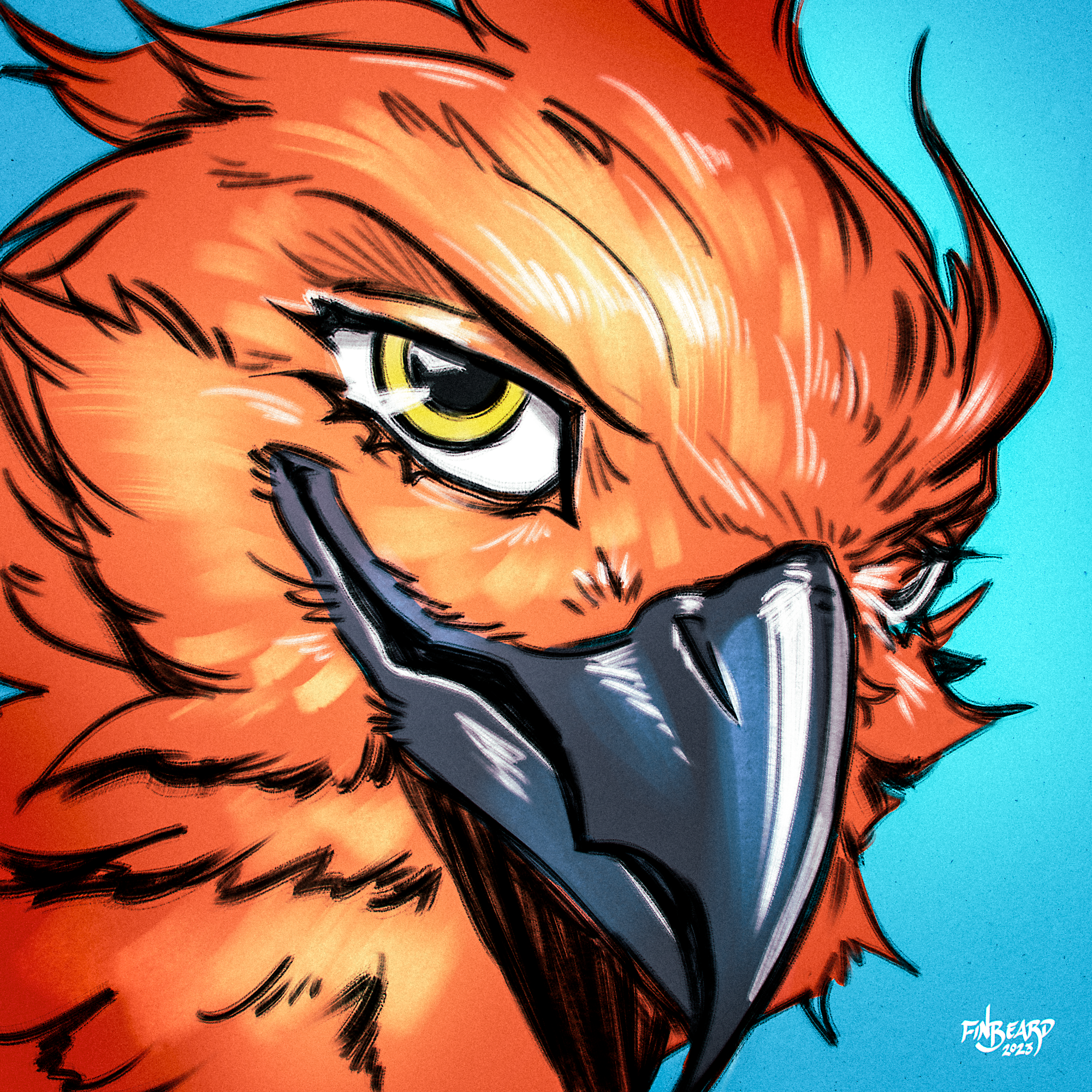 Digital drawing. Close-up portrait of an anthro phoenix looking at the viewer with a confident smile.