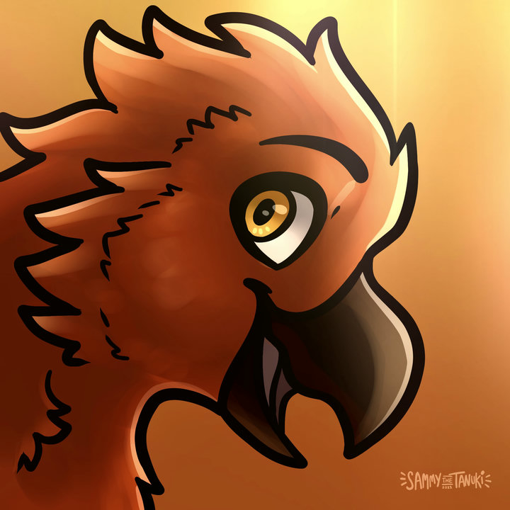 Digital drawing of a happy anthro phoenix in profile, looking back towards the viewer with a delighted expression.