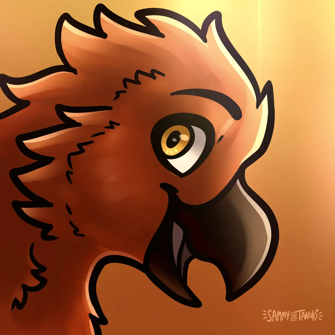Digital drawing of a happy anthro phoenix in profile, looking back towards the viewer with a delighted expression.