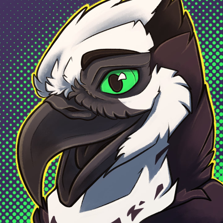 Digital drawing. Close-up portrait of an anthro osprey with green eyes and a digital, dotted green-purple background.