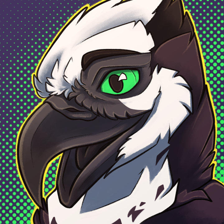Digital drawing. Close-up portrait of an anthro osprey with green eyes and a digital, dotted green-purple background.