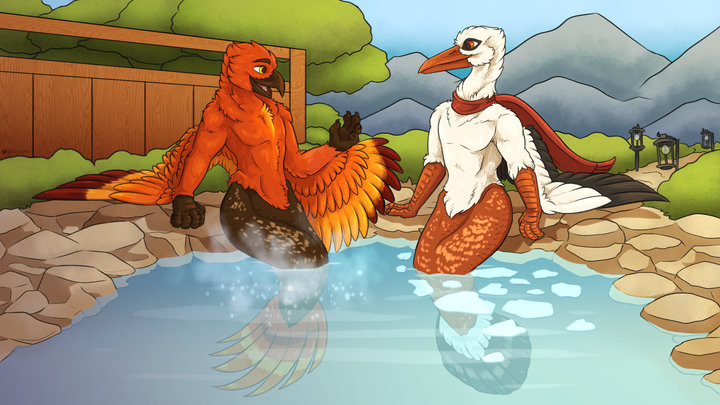 Digital drawing. An anthro phoenix and white stork with merfolk bodies are relaxing in a natural hot pool, taking to each other. The water around the phoenix is steaming while the water around the stork is freezing slightly.