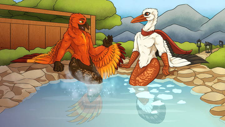 Digital drawing. An anthro phoenix and white stork with merfolk bodies are relaxing in a natural hot pool, taking to each other. The water around the phoenix is steaming while the water around the stork is freezing slightly.