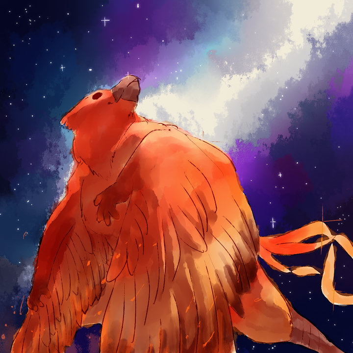 Digital drawing. A feral phoenix is rising in front of a starry nebula background.
