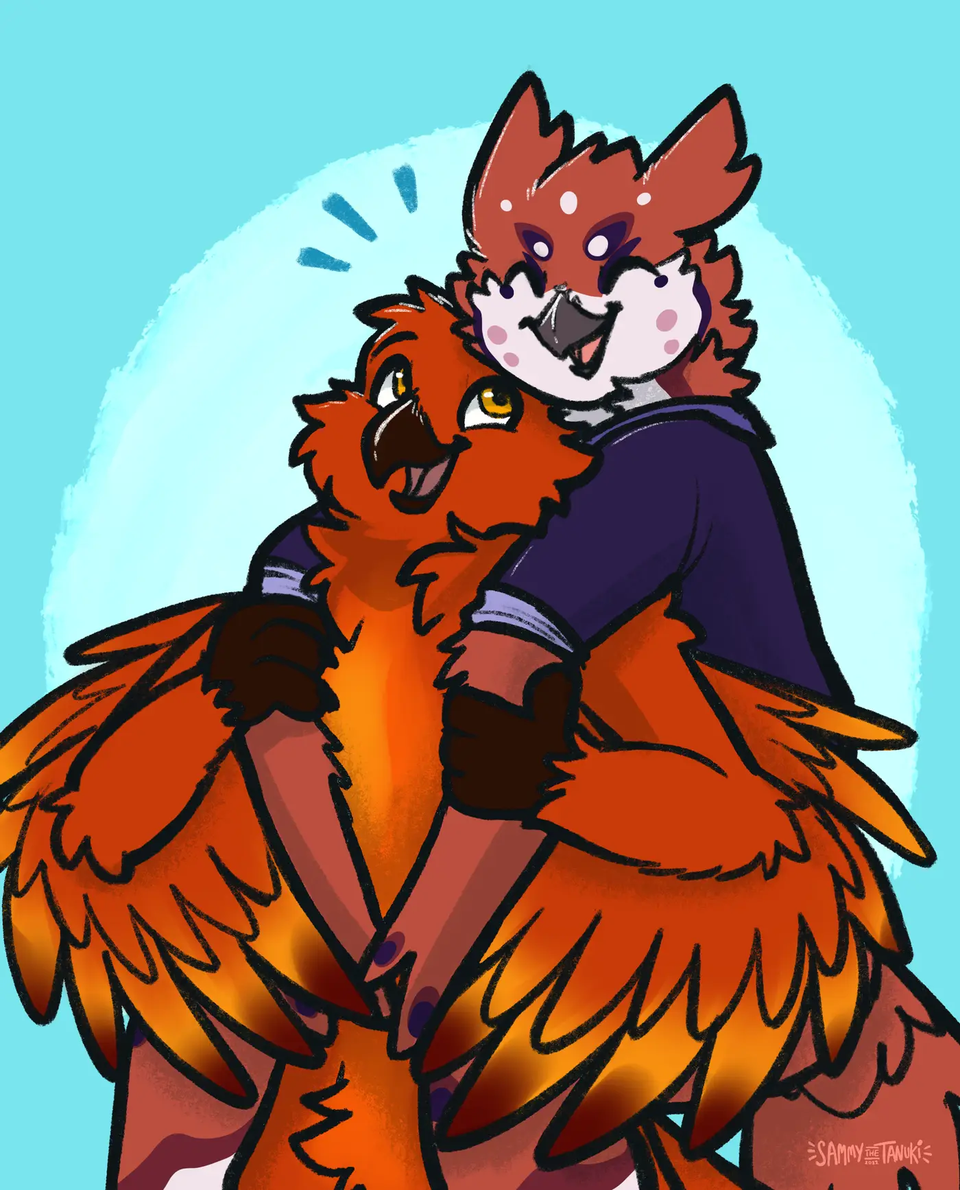Digital drawing. An anthropomorphic phoenix is carrying an owl piggyback-style. Both are visibly happy and looking at each other.
