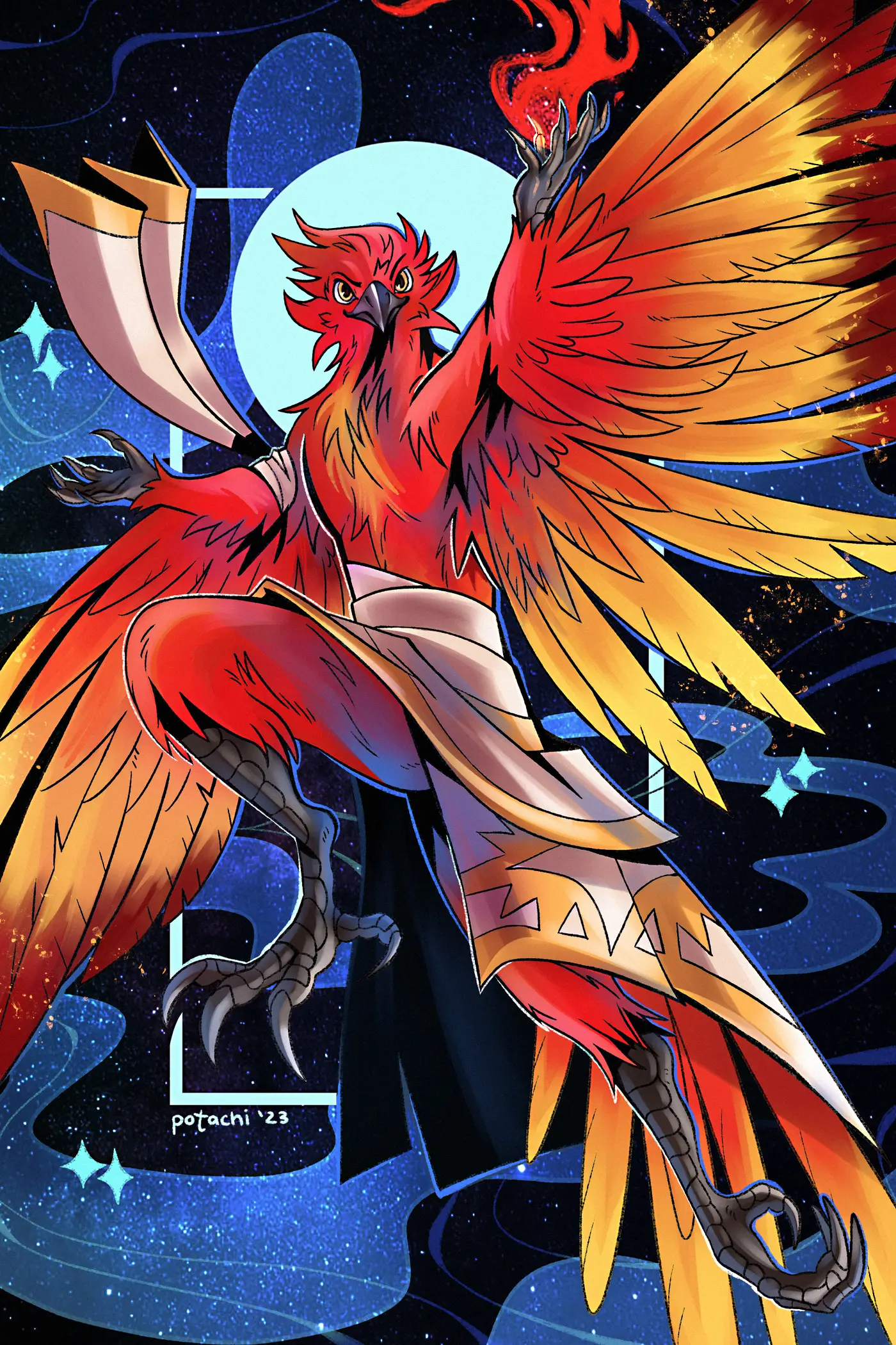 Digital drawing. An anthropomorphic phoenix ascends in front of a stylized starry background. The phoenix is wearing a flowing white-and-gold garb and has his wings spread wide, holding a flame in his left talon-hand. He is looking at the viewer.