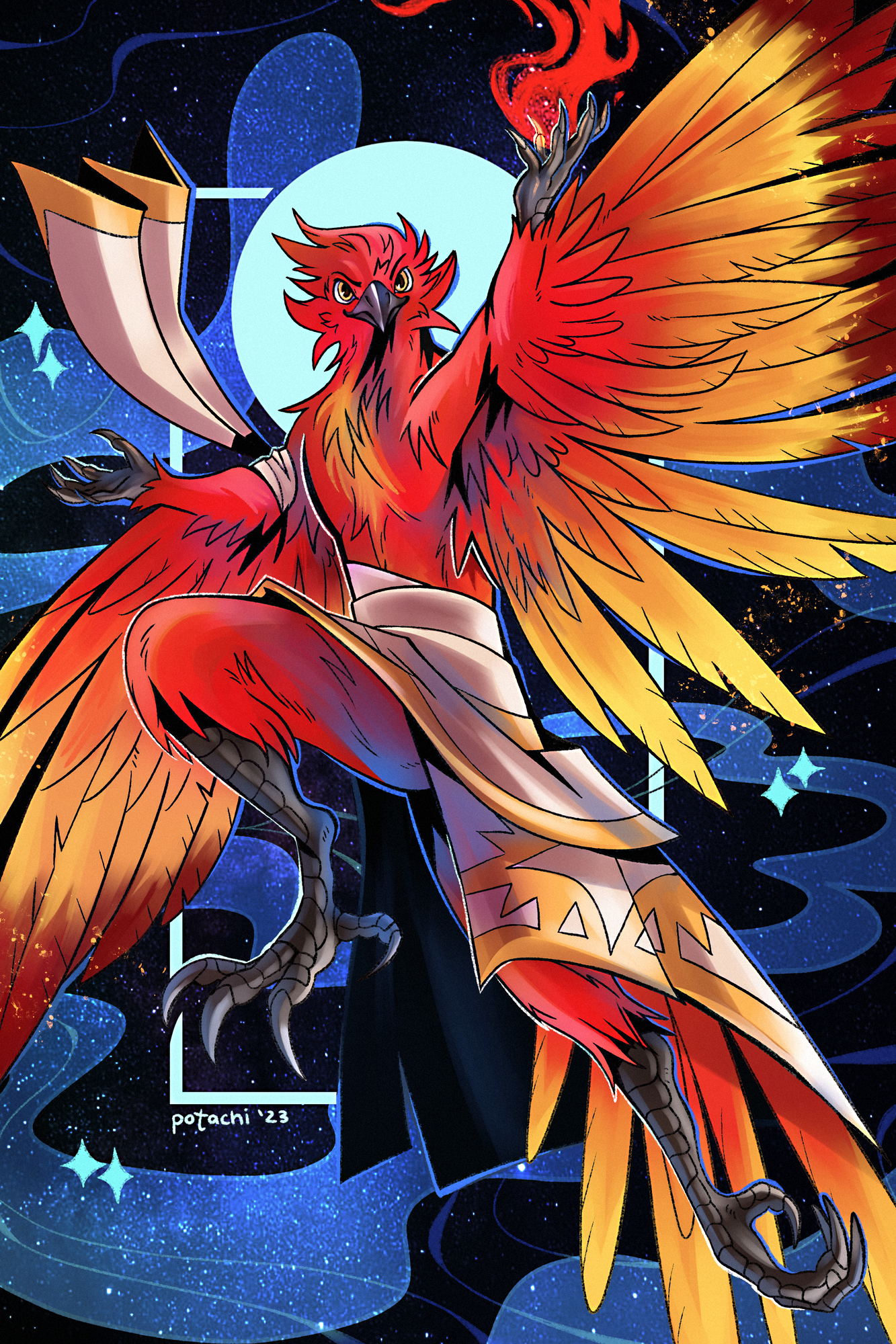 Digital drawing. An anthropomorphic phoenix ascends in front of a stylized starry background. The phoenix is wearing a flowing white-and-gold garb and has his wings spread wide, holding a flame in his left talon-hand. He is looking at the viewer.