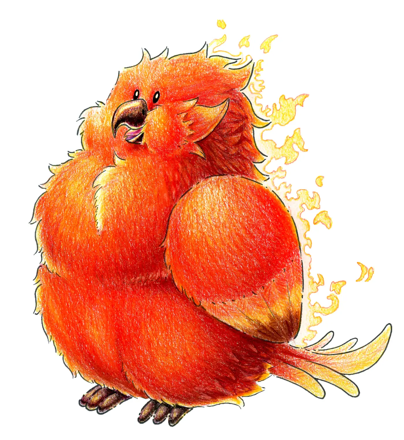 Traditional drawing. A small happy phoenix with lots of fluff is beeping at the viewer.