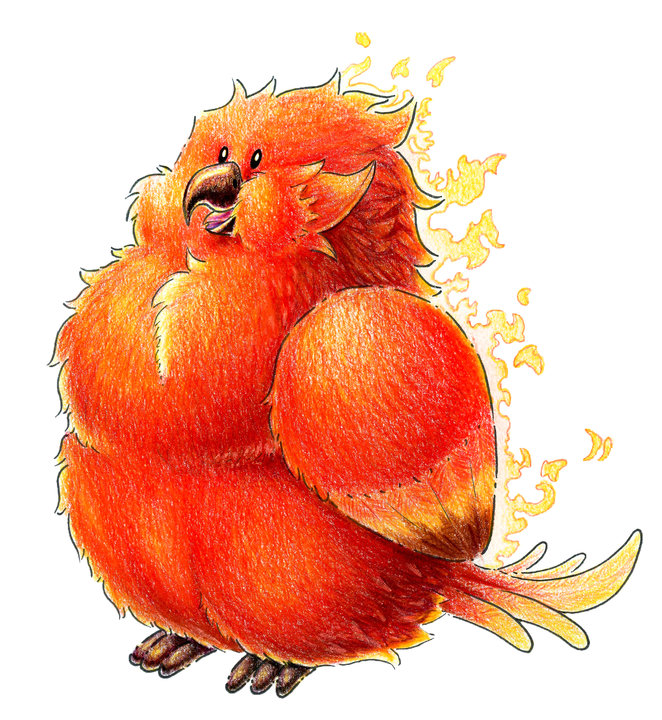 Traditional drawing. A small happy phoenix with lots of fluff is beeping at the viewer.