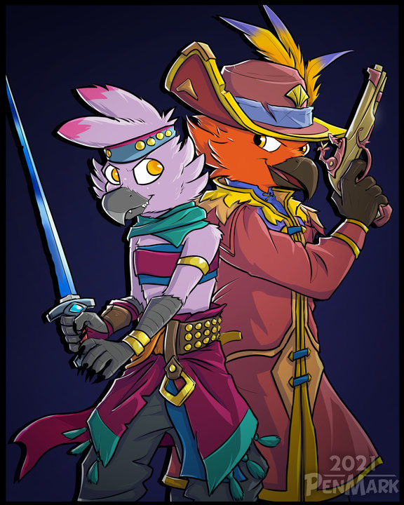 Digital drawing. A Phoenix and Pink bird-like creature are standing back to back, wearing typical pirate outfits. The pink bird has a sword drawn while the phoenix is readyingS a flintlock.