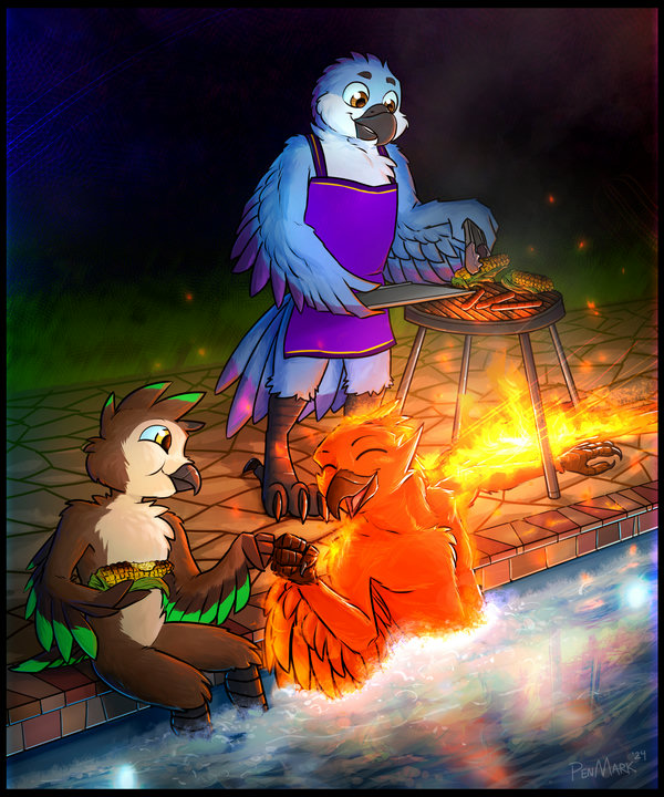 Digital drawing. A Phoenix, owl and Spix' macaw are hosting a pool-side BBQ, with the macaw wearing an apron and working the grill. The grill is positioned over the phoenix' arm, which is ablaze and letting off intense heat, powering the grill. The phoenix is wing-bumping the owl with his other wing-hand while the owl is eating freshly grilled corn on the cob.