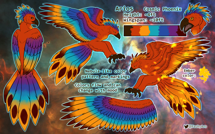 Digital reference sheet depicting a feral phoenix in front of a starry nebula background. The phoenix has a hawk-like appearance with a hooked beak. Its plumage is primarily orange with brown and yellow accents, but also features colorful wings with cool, space/nebula-like colors, ranging from purple to blue-turquoise. Text on the sheet reads: 'Arios, Cosmic Phoenix. Height: ~4ft, Wingspan: ~10ft. Nebula-like color pattern and markings. Colors flow and can change with mood.'