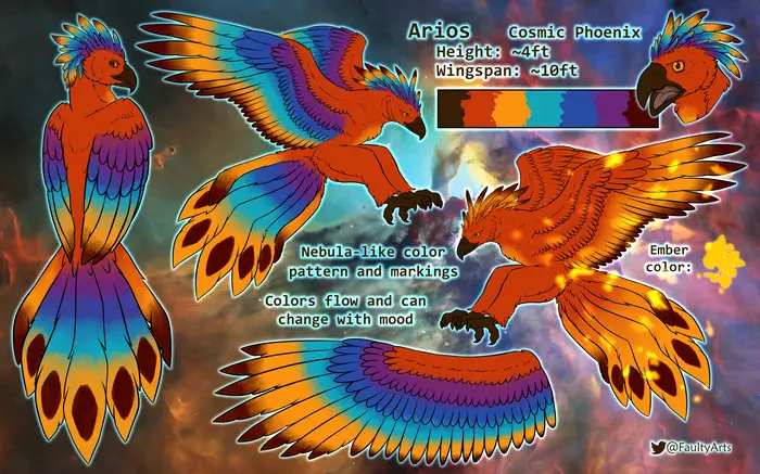 Digital reference sheet depicting a feral phoenix in front of a starry nebula background. The phoenix has a hawk-like appearance with a hooked beak. Its plumage is primarily orange with brown and yellow accents, but also features colorful wings with cool, space/nebula-like colors, ranging from purple to blue-turquoise. Text on the sheet reads: 'Arios, Cosmic Phoenix. Height: ~4ft, Wingspan: ~10ft. Nebula-like color pattern and markings. Colors flow and can change with mood.'