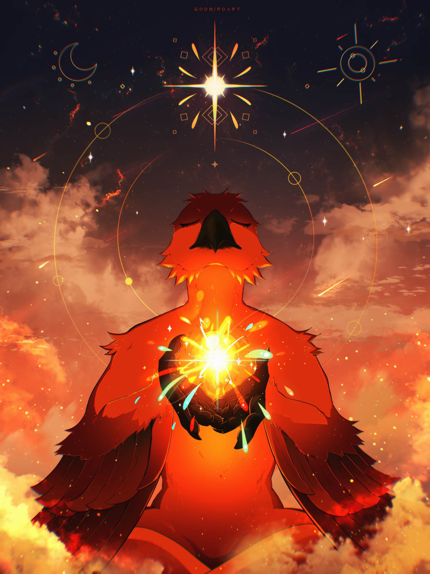 Digital drawing. An anthropomorphic phoenix is meditating with his eyes closed in front of an ethereal background, featuring clouds and a starry sky. He is channeling a little star in his hands, resembling a bright and radiant star that can be seen in the background sky.
