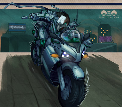 Digital drawing. An anthropomorphic osprey is racing on a futuristic motorbike, shooting a handgun at an off-screen adversary. The osprey is wearing form-fitting futuristic armor colored white and green, the same green as the ospreys eye color. A few buildings are visible in the background, featuring billboards written in a fictional language
