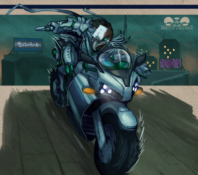 Digital drawing. An anthropomorphic osprey is racing on a futuristic motorbike, shooting a handgun at an off-screen adversary. The osprey is wearing form-fitting futuristic armor colored white and green, the same green as the ospreys eye color. A few buildings are visible in the background, featuring billboards written in a fictional language