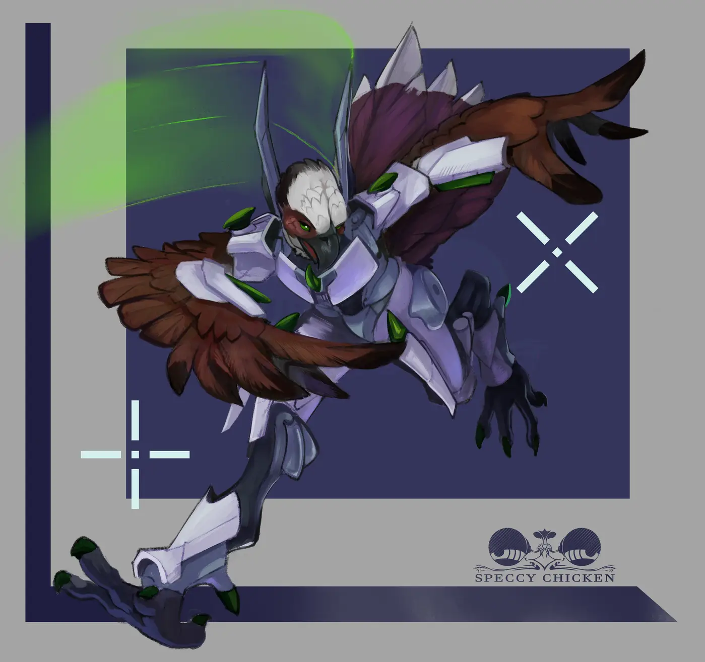Digital drawing. An anthropomorphic osprey in futuristic full-body armor running through a scene, warding off gunfire with a stretched out armored wing. Unlike in the previous image, they are not wearing a helmet