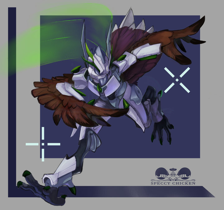 Digital drawing. An anthropomorphic osprey in futuristic full-body armor running through a scene, warding off gunfire with a stretched out armored wing.
