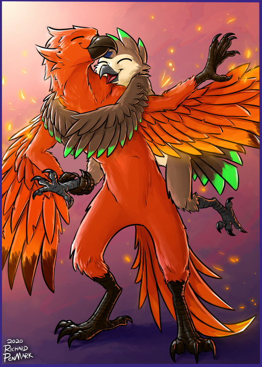 Digital drawing. An anthropomorphic owl has hopped onto an anthro phoenix' back and is hugging him happily while wrapping their wings around the phoenixes neck. The phoenix is looking just as happy.
