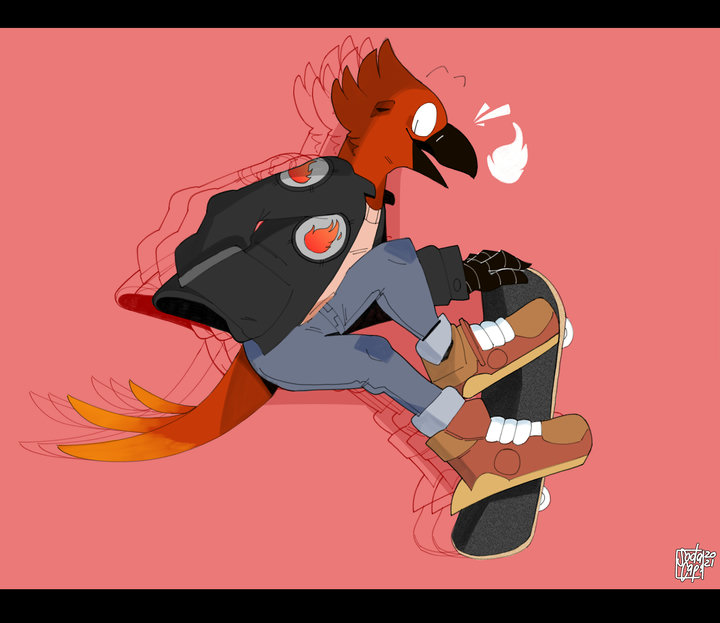 Digital cartoon drawing. An anthropomorphic phoenix wearing a jacket and jeans is doing a trick on a skateboard.
