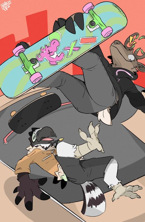 Digital cartoon drawing. An anthropomorphic osprey has fallen of their skateboard at a skatepark and is falling to the ground in despair as a deer does a sick grab right above them.