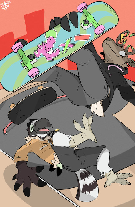 Digital cartoon drawing. An anthropomorphic osprey has fallen of their skateboard at a skatepark and is falling to the ground in despair as a deer does a sick grab right above them.