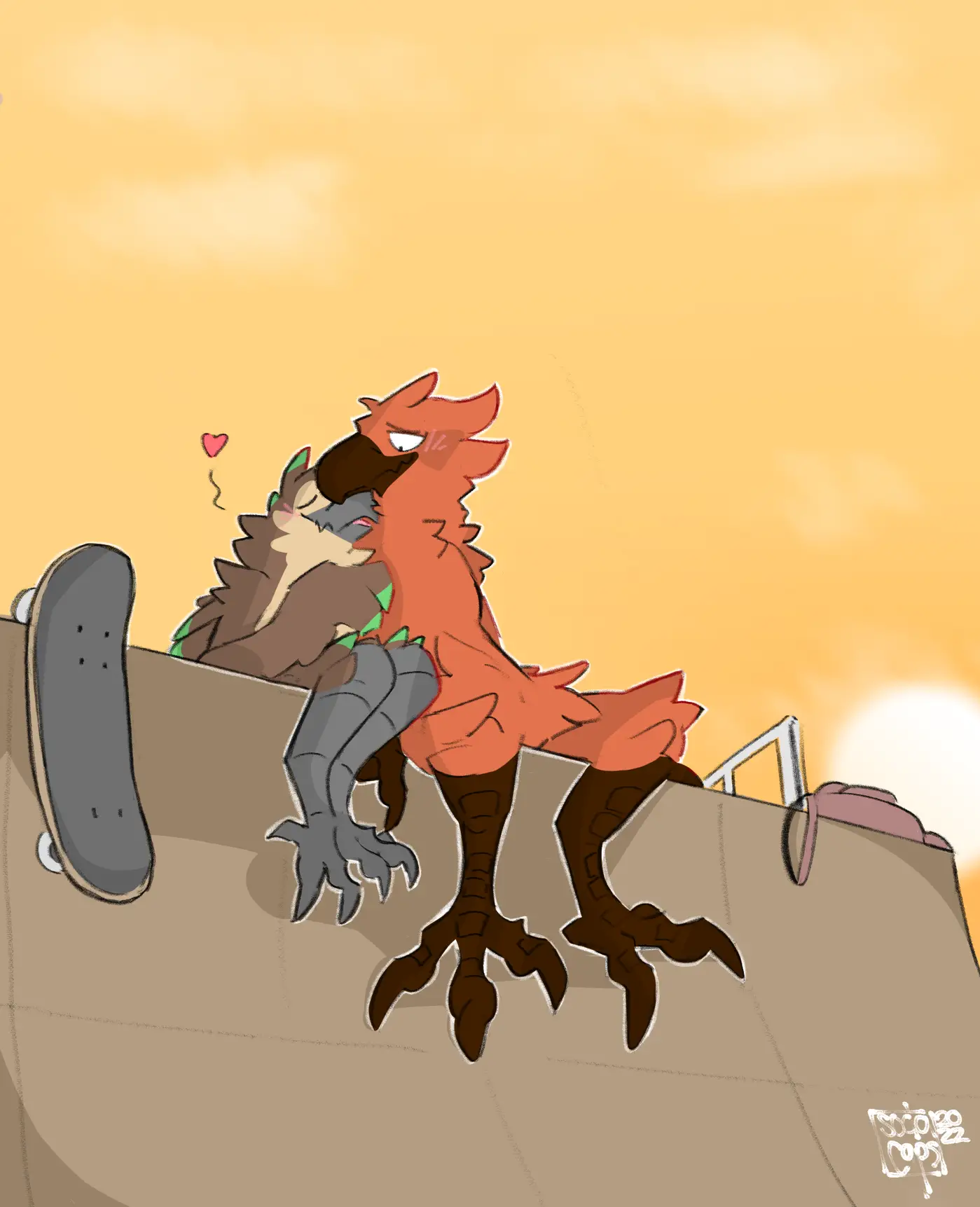 Digital cartoon drawing. An anthropomorphic phoenix and owl are sitting on a halfpipe in the evening sun, with a skateboard leaned up next to them. The owl is preening the phoenixes chest feathers, while the phoenix is blushing visibly