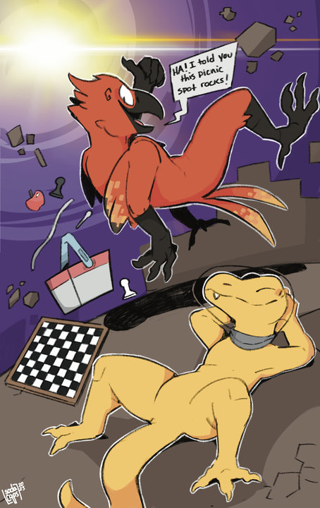 Digital comic drawing. An anthro phoenix and a lizard are relaxing on an asteroid close to a star, with a picnic basket and chess board floating nearby. The lizard is sunning himself in the suns heat while the phoenix is saying 'Ha! I told you this picnic spot rocks!'