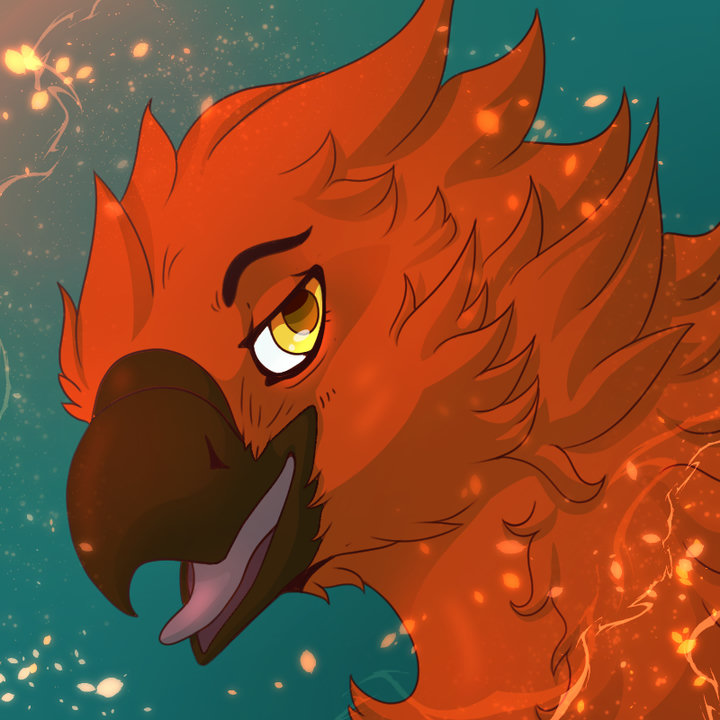 Digital stylized drawing of an anthro phoenix looking back in profile, with ethereal fire sparks surrounding them