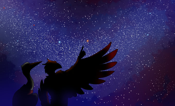 Digital drawing. An anthropomorphic phoenix and stork gaze up at a starry night sky, with the phoenix pointing out a particular orange star. Both are only visible in silhouette.