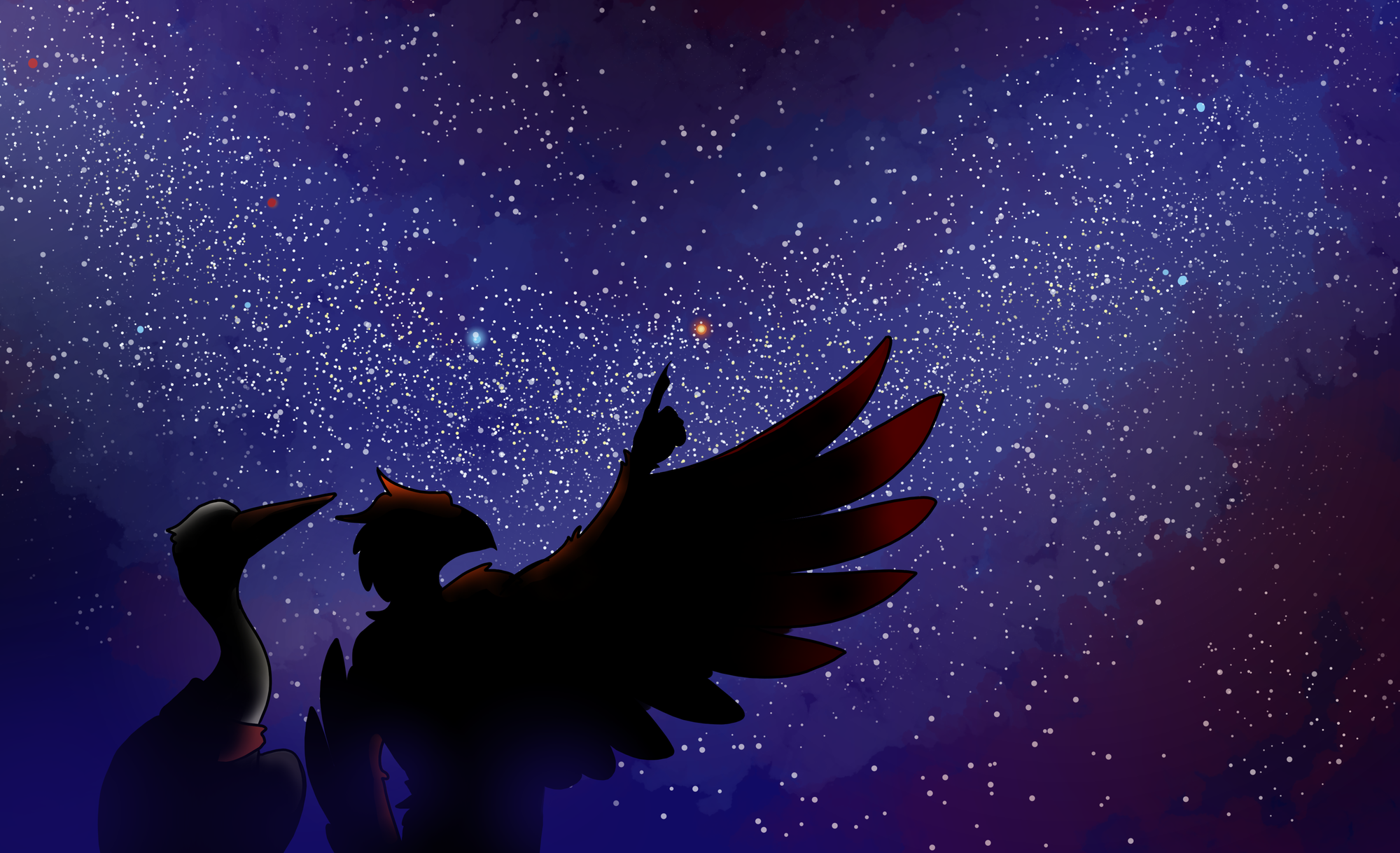 Digital drawing. An anthropomorphic phoenix and stork gaze up at a starry night sky, with the phoenix pointing out a particular orange star. Both are only visible in silhouette.