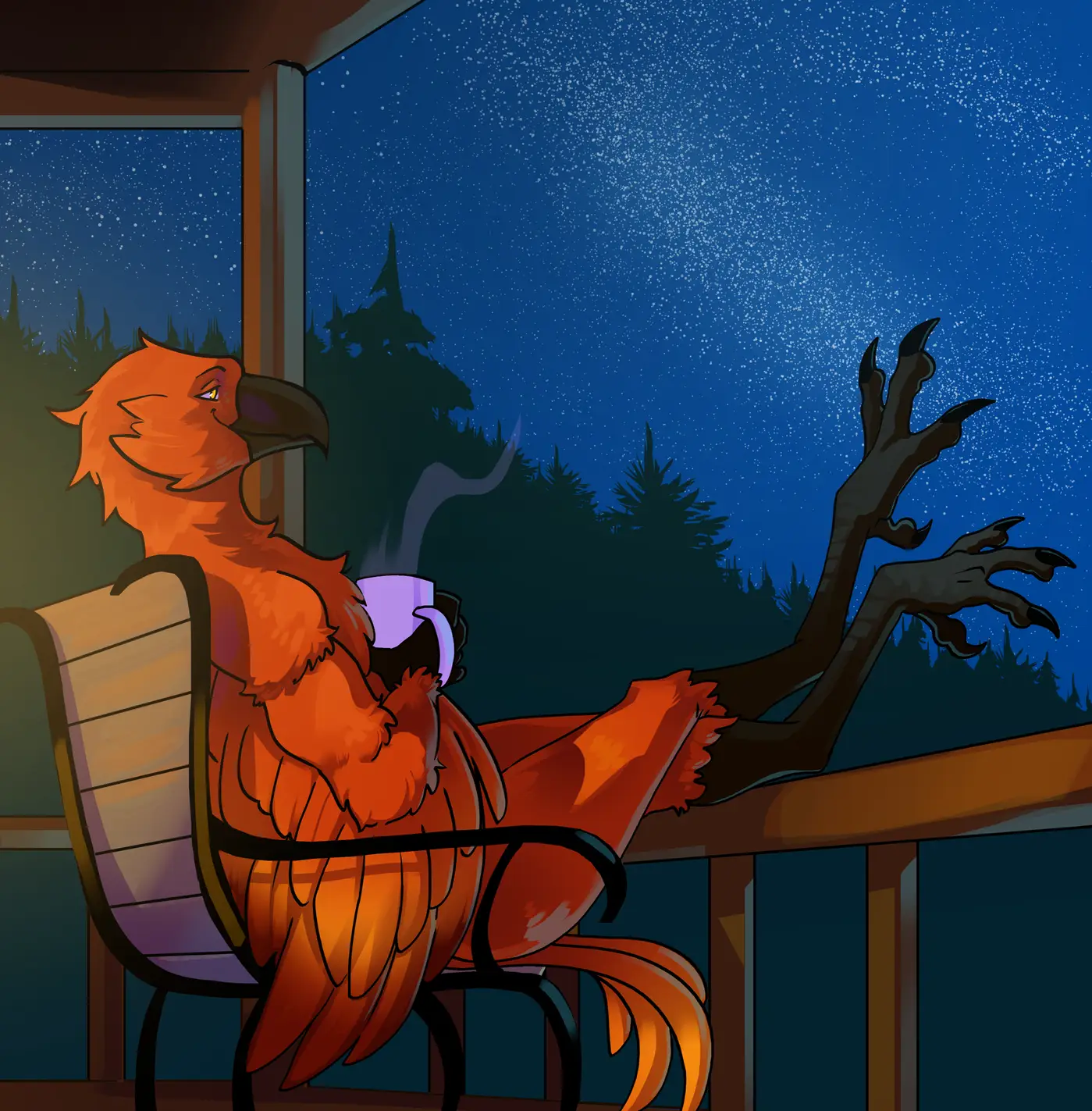 Digital drawing of an anthropomorphic phoenix sitting in a chair on the porch of a cabin in the woods. He is holding a  mug with a hot drink while watching the starry night sky visible in the distance above a denae forest 