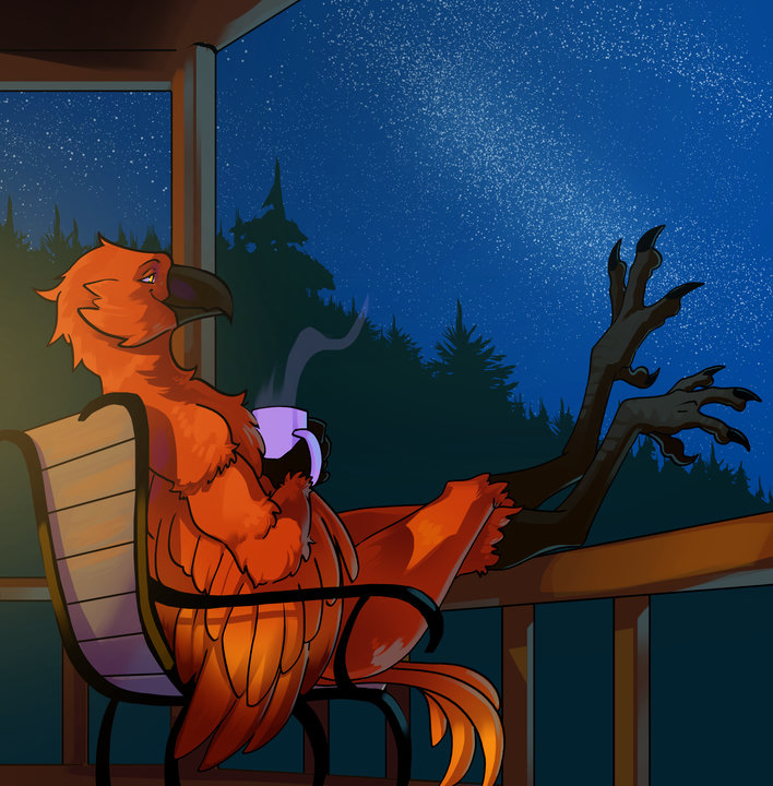 Digital drawing of an anthropomorphic phoenix sitting in a chair on the porch of a cabin in the woods. He is holding a  mug with a hot drink while watching the starry night sky visible in the distance above a denae forest 