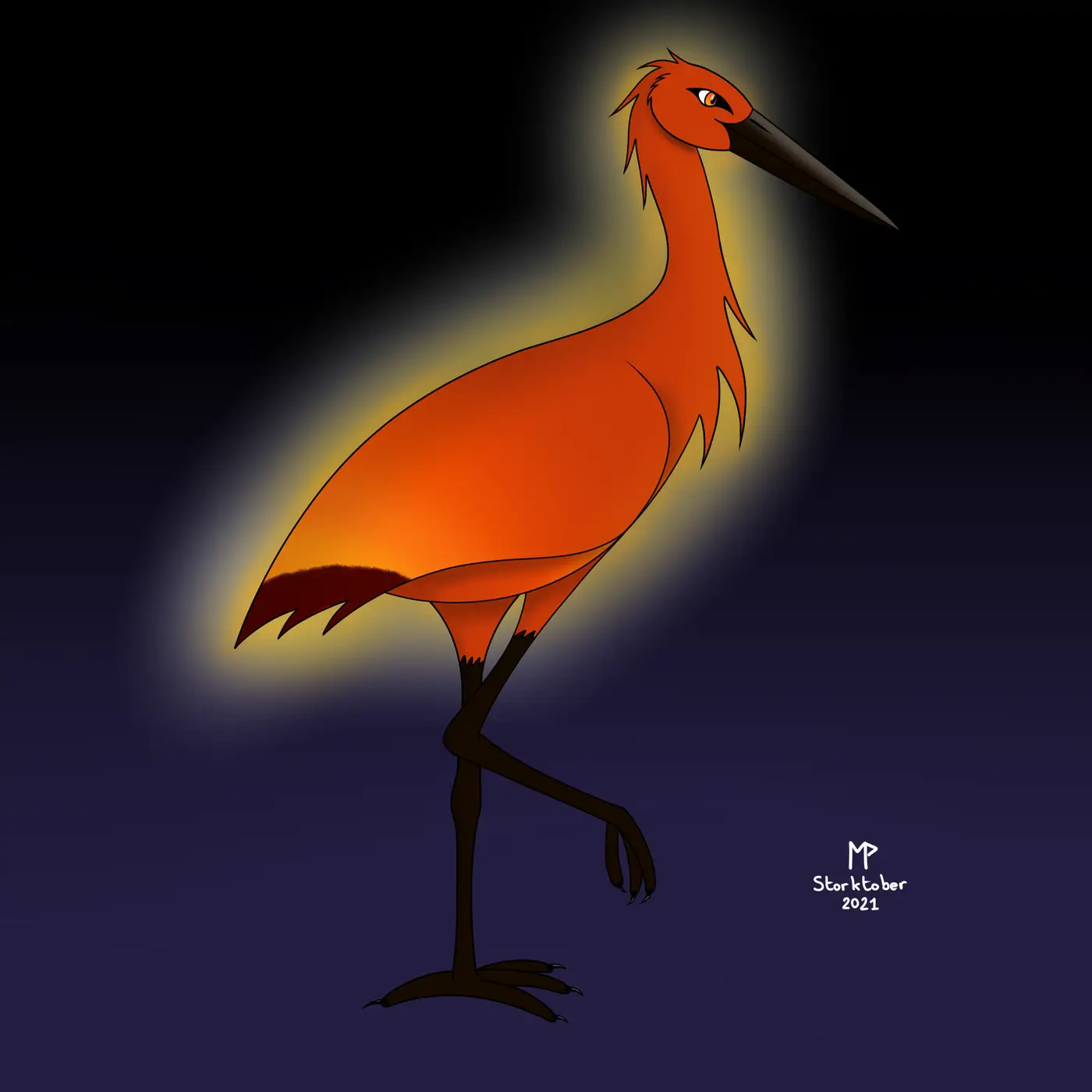 Digital drawing of a phoenix in stork form. They are glowing in the dark and have one leg raised slightly, as if mid-step.