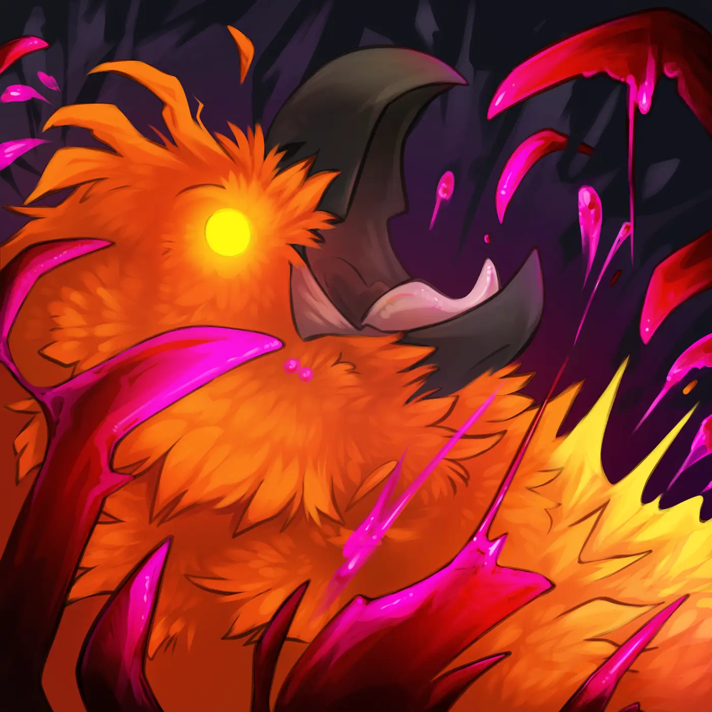 Digital stylized Drawing. Icon depicts a possessed phoenix with glowing yellow eyes amidst abstract bloody claws.